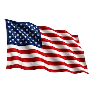 May include: The national flag of the United States of America featuring a blue canton with fifty white five-pointed stars arranged in nine rows, and thirteen horizontal stripes alternating between red and white, depicted with a wavy effect.