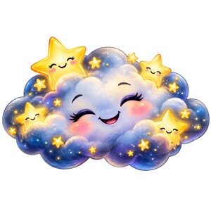 Puede incluir: Una nube esponjosa de color azul oscuro con una cara sonriente, mejillas rosadas y ojos cerrados, rodeada de varias estrellas amarillas brillantes con caras sonrientes, todo sobre un fondo blanco liso.