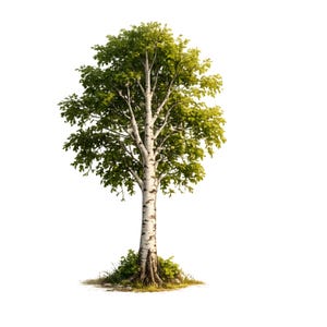 Peut inclure: Un grand bouleau au tronc blanc caractéristique, marqué de lignes horizontales sombres. L'arbre possède un feuillage dense composé de feuilles vert vif et des branches qui s'étendent. De la végétation verte pousse à sa base.