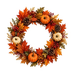 Puede incluir: Una corona de otoño circular con hojas de arce naranjas y amarillas, piñas marrones, racimos de pequeñas bayas rojas y tres calabazas en tonos naranja y crema. El arreglo está montado sobre una base de ramas entrelazadas con follaje.