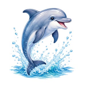 Könnte beinhalten: Eine Illustration eines blau-weißen Delfins, der mit einem großen Spritzer aus dem Wasser springt. Der Delfin hat einen glatten, abgerundeten Körper, eine geschwungene Rückenflosse und ein offenes Maul mit rosa Innerem, umgeben von Wassertropfen.
