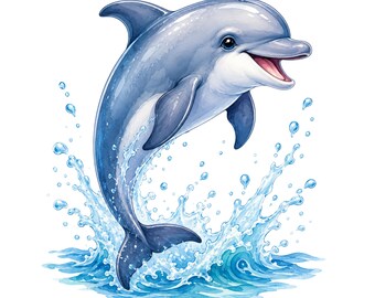 Watercolor Dolphin Jumping Ocean Clipart for Beach Crafts, Summer Decor PNG SVG