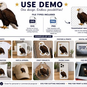 May include: A digital design file set featuring a bald eagle illustration. Includes SVG and PNG file types for use on t-shirts, mugs, stickers, posters, phone cases, and car decals. The eagle has brown feathers, a white head, and a yellow beak.