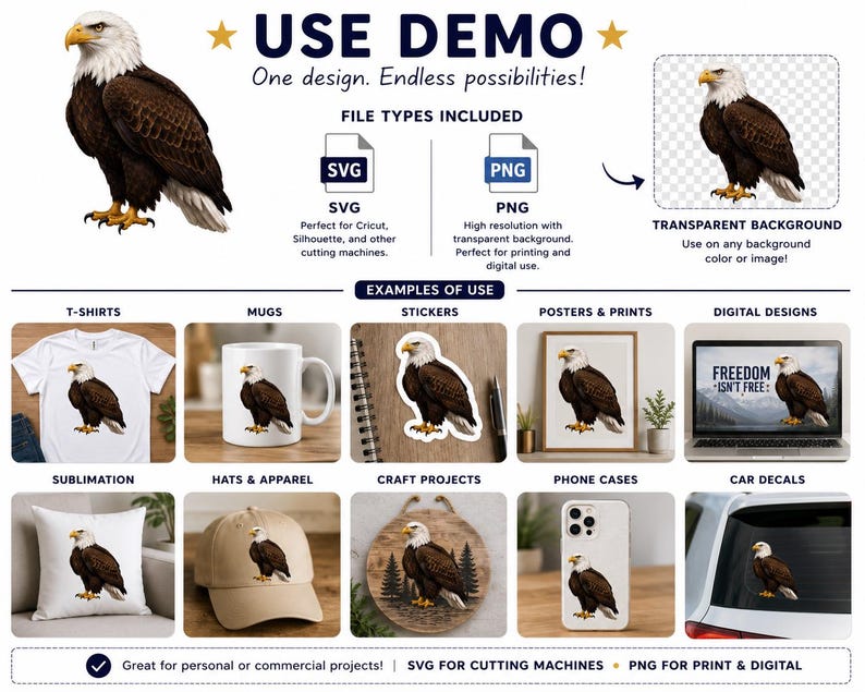 May include: A digital design file set featuring a bald eagle illustration. Includes SVG and PNG file types for use on t-shirts, mugs, stickers, posters, phone cases, and car decals. The eagle has brown feathers, a white head, and a yellow beak.