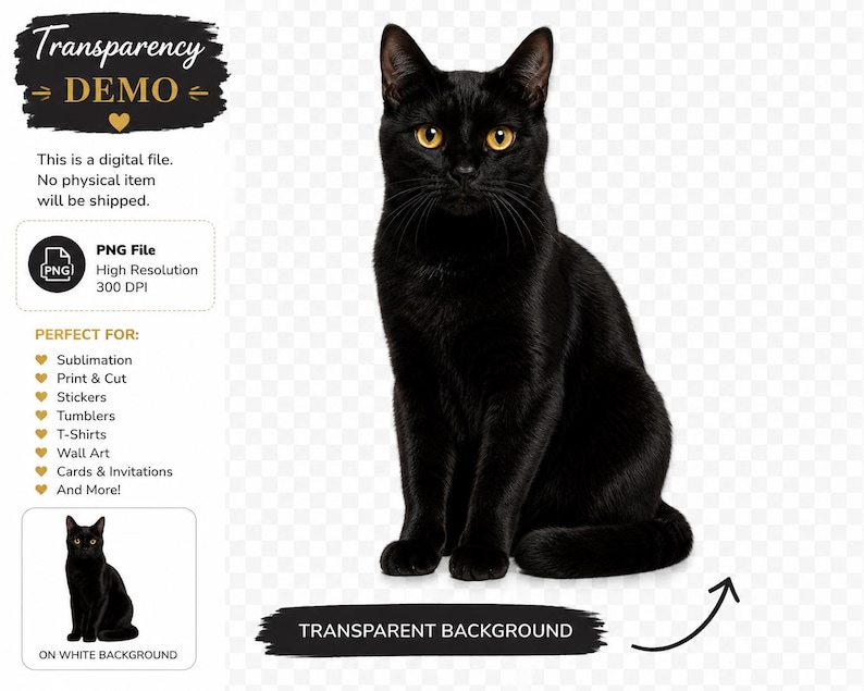 May include: A sleek black cat with bright yellow eyes sits upright, facing the viewer. The image includes text indicating it's a digital file with a transparent background, perfect for sublimation, stickers, and more.