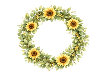 Watercolor Sunflower Wreath Clipart for Fall Crafts, Rustic Decor PNG SVG