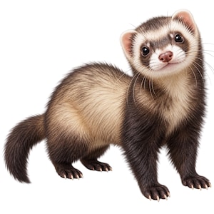Puede incluir: Un hurón con pelaje de color marrón oscuro y crema, que presenta un patrón de máscara distintivo alrededor de los ojos y una nariz rosada. El animal está de pie sobre sus cuatro patas, mirando al espectador con ojos oscuros y redondos.