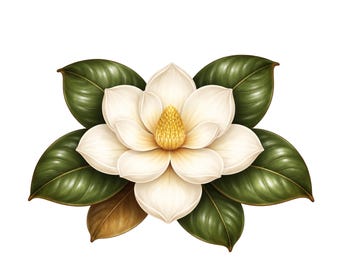 Magnolia Flower PNG with Leaves – Southern Floral Clipart (Digital Download)