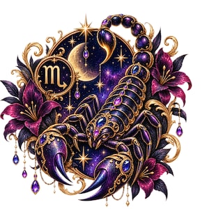 May include: A decorative illustration featuring a dark purple scorpion adorned with gold filigree and embedded purple gems. The scorpion is surrounded by deep purple lilies, gold scrollwork, a crescent moon, stars, and the Scorpio zodiac symbol.