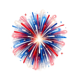 May include: Watercolor illustration of a burst of fireworks in red, white, and blue. The center is bright white and yellow, with streaks of red and blue radiating outwards. Small star shapes are scattered around the burst.