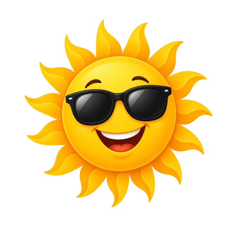 Könnte beinhalten: Cartoon-Illustration einer lächelnden Sonne mit schwarzer Sonnenbrille. Die Sonne ist gelb mit orangefarbenen Strahlen und einem fröhlichen Gesichtsausdruck. Die Sonnenbrille ist rechteckig und schwarz, der Mund der Sonne ist weit geöffnet.