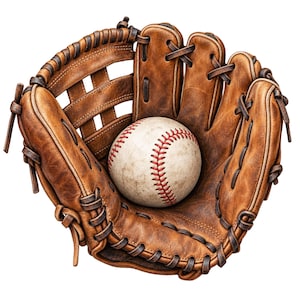 Puede incluir: Un guante de béisbol de cuero marrón desgastado con una red que contiene una pelota de béisbol blanca con costuras rojas prominentes. El guante presenta cordones de cuero gruesos en los dedos y la palma, mostrando signos de uso.