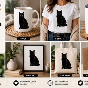 May include: A variety of products featuring a black cat design. Items include a white mug, t-shirt, tumbler, wall art, tote bag, stickers, and cards. The design is a black cat with yellow eyes.