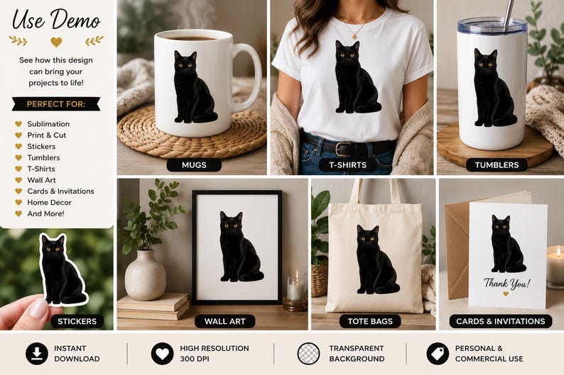 May include: A variety of products featuring a black cat design. Items include a white mug, t-shirt, tumbler, wall art, tote bag, stickers, and cards. The design is a black cat with yellow eyes.