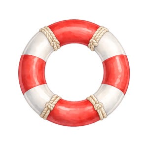 Könnte beinhalten: Ein rot-weiß gestreifter Rettungsring mit Seildetails. Der Rettungsring ist ein nautisches Design, perfekt für Küstendekoration oder eine Strandkulisse. Der Rettungsring ist ein klassisches Symbol für Sicherheit und maritimes Abenteuer.
