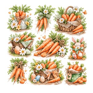 May include: Watercolour illustrations of carrots in diverse arrangements: a glass jar, a basket, and a wooden cart. The carrots are adorned with green foliage, white daisies, and bows, alongside a bunny and Easter eggs.