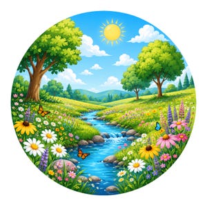 Könnte beinhalten: Eine kreisförmige Illustration einer lebendigen Landschaft mit einem gewundenen blauen Bach, der über Steine durch eine üppige grüne Wiese fließt, gefüllt mit bunten Wildblumen, grünen Bäumen, Schmetterlingen und einer hellgelben Sonne am blauen Himmel.