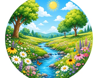 Summer Meadow Landscape Clipart: Wildflowers, Stream, Trees (Digital Download)
