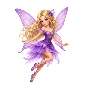 May include: A digital illustration of a fairy with blonde hair, purple eyes, and delicate purple wings. She wears a purple dress and ballet flats. A purple flower adorns her hair. The fairy is floating against a white background.