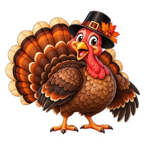 May include: A cartoon turkey with brown and orange feathers, a red wattle, and a yellow beak. The turkey wears a black top hat adorned with an orange maple leaf and small red berries. The bird stands on two orange feet against a white background.