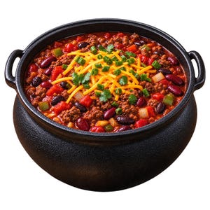 May include: A black cast iron cauldron filled with chili, featuring ground meat, red kidney beans, diced tomatoes, and onions in a thick red sauce. The dish is topped with shredded yellow cheddar cheese, chopped green onions, and cilantro leaves.