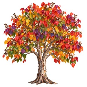 Puede incluir: Un árbol de hoja caduca con un tronco y ramas de color marrón claro texturizado, cubiertos de un vibrante follaje otoñal. Las hojas en forma de corazón muestran un espectro de colores que incluye rojo, naranja, amarillo, morado y verde, con racimos blancos.