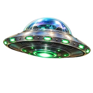 May include: A metallic flying saucer with a clear domed cockpit revealing an interior control panel. The circular craft features a series of glowing green lights along its outer rim and a bright central light source on its underside.