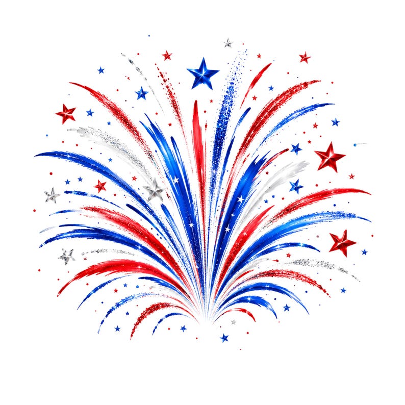 May include: A graphic illustration of a burst of fireworks in red, white, and blue. The design features streaks of color radiating outwards, with red and blue star shapes scattered throughout the display. The background is white.