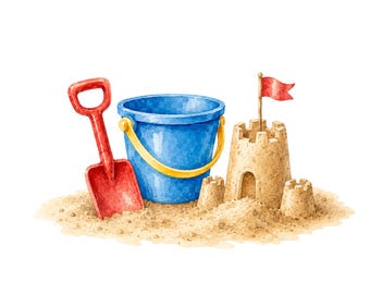 Watercolor Sandcastle with Beach Bucket and Shovel Clipart for Summer Crafts, Coastal PNG SVG