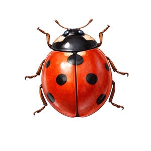 Pode incluir: Ilustração detalhada de uma joaninha. A joaninha tem uma concha vermelha com manchas pretas e uma cabeça preta com marcas brancas. As pernas e antenas são castanhas, sobre um fundo branco.