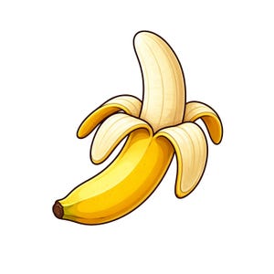 Puede incluir: Ilustración de dibujos animados de un plátano parcialmente pelado. El plátano es amarillo con una punta marrón y las secciones peladas revelan la fruta blanca en el interior. La imagen está sobre un fondo blanco.