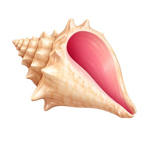 Könnte beinhalten: Detaillierte Illustration einer Muschelschale. Die Schale ist hellbeige mit einem rosa Innenraum. Die Schale hat eine spiralförmige Form mit einer strukturierten Oberfläche und einem spitzen Ende. Der Innenraum ist leuchtend rosa.