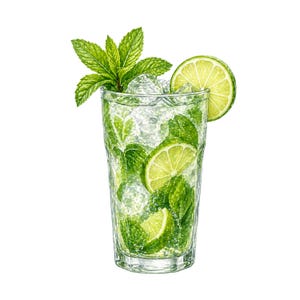 Può includere: Illustrazione ad acquerello di un cocktail mojito in un bicchiere alto. La bevanda è piena di ghiaccio, foglie di menta e fette di lime, guarnita con una fetta di lime e un rametto di menta. Il bicchiere è trasparente e lo sfondo è bianco.
