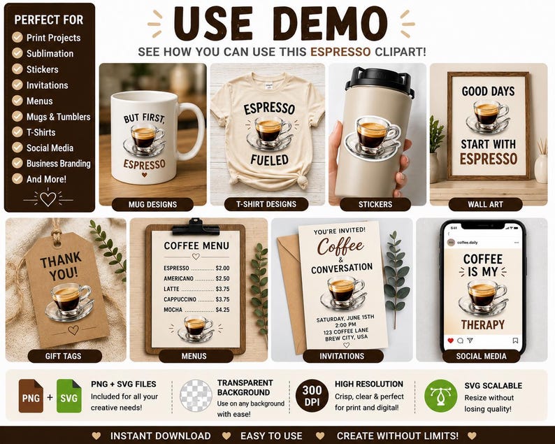 Espresso Cup PNG SVG Clipart for Coffee Menus Cafe Stickers Shirts and ...