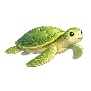 Op de afbeelding: Een cartoon illustratie van een groene zeeschildpad met een lichtgroene buik. De schildpad heeft een gesegmenteerd schild, een lachend gezicht en vinachtige ledematen. De achtergrond is wit.