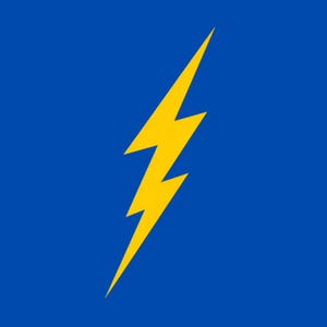 Puede incluir: Un rayo amarillo sobre un fondo azul sólido. El rayo tiene una forma de zigzag estilizada, colocada en diagonal. El diseño es simple y audaz, con un claro contraste entre el amarillo y el azul.