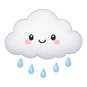 Può includere: Illustrazione di un cartone animato di una nuvola sorridente con un corpo grigio chiaro, occhi neri, guance rosa e una bocca nera curva. Sotto la nuvola, cadono sei gocce d'acqua blu.