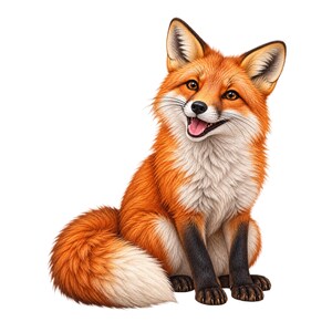 Op de afbeelding: Een zittende rode vos met levendige oranje vacht, een witte borst en zwarte markeringen op de poten en oren. De vos heeft een pluizige staart met een witte punt, spitse oren en een vriendelijke uitdrukking met een licht geopende bek.