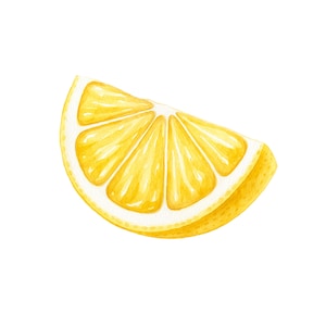 Puede incluir: Ilustración en acuarela de una rodaja de limón. La rodaja es de color amarillo brillante con una cáscara blanca y una superficie texturizada. La imagen está sobre un fondo blanco.