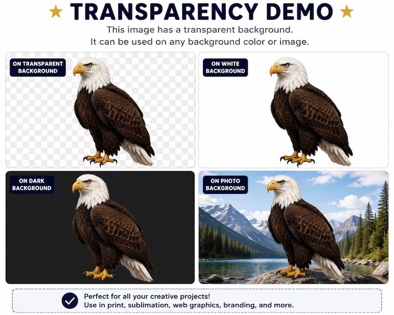 May include: A digital graphic of a bald eagle with a white head, dark brown body, and yellow beak and talons. The image displays the eagle against four different backgrounds: transparent, white, dark, and a mountain landscape photo.
