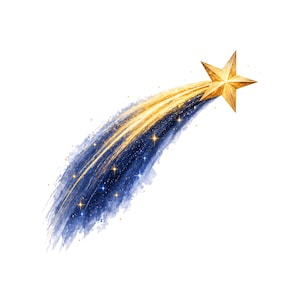 Op de afbeelding: Een gouden ster met een helder, gloeiend spoor van licht tegen een witte achtergrond. Het spoor is een mix van goud- en blauwtinten, met sprankelende accenten. De ster heeft een vijfpunts vorm en het algehele ontwerp heeft een grillig, hemels thema.
