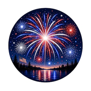 May include: A circular graphic featuring a vibrant display of red, white, and blue fireworks exploding in a dark night sky above a calm body of water. A silhouette of a forest lines the horizon, and an American flag is visible on a pole.