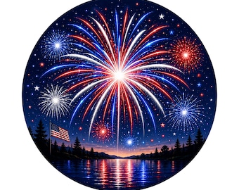 Patriotic Fireworks Landscape Clipart Featuring a Red White Blue Celebration PNG SVG Digital Download