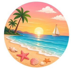 May include: A colourful illustration of a tropical beach scene. The image features a sunset with a sailboat on the ocean, palm trees, and seashells and starfish on the sandy shore. The sky transitions from pink to orange.