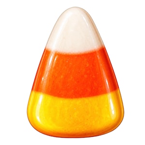 May include: A triangular candy corn shaped object with a smooth, glossy finish. The design features three distinct horizontal color bands: a white top section, a vibrant orange middle section, and a bright yellow base section, all rounded.