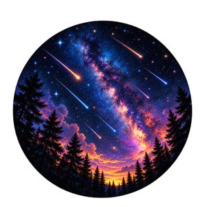 May include: A circular wall art piece featuring a vibrant night sky filled with a glowing purple and orange nebula, numerous bright stars, and several shooting stars streaking across the dark blue expanse above a silhouette of pine trees.