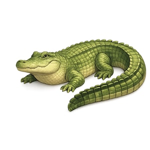 Op de afbeelding: Gedetailleerde illustratie van een groene alligator met een lichtbeige buik. De alligator is afgebeeld in een ontspannen pose, met zijn bek iets open en zijn staart opgerold. Het kunstwerk heeft een cartoonachtige stijl.