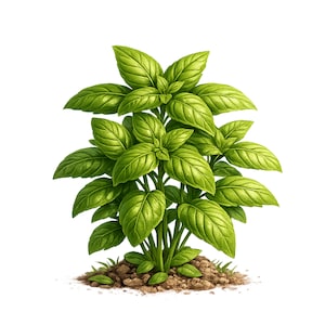 May include: A detailed illustration of a basil plant, featuring bright green leaves and strong stems. The plant is shown growing from a small patch of soil, with detailed textures and a natural colour palette. Ideal for culinary or gardening themes.