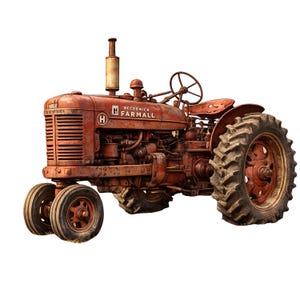 May include: A vintage red McCormick Farmall tractor with large, weathered tires. The tractor has a steering wheel, seat, and exhaust pipe. The tractor's body shows signs of rust and age, with the "McCormick Farmall" logo visible on the side.