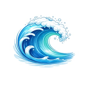 Op de afbeelding: Een gestileerde illustratie van een grote oceaangolf. De golf is afgebeeld in tinten blauw en turquoise, met wit schuim op de top. Het kunstwerk heeft een cartoonachtige stijl, met vloeiende lijnen en een schone, witte achtergrond.